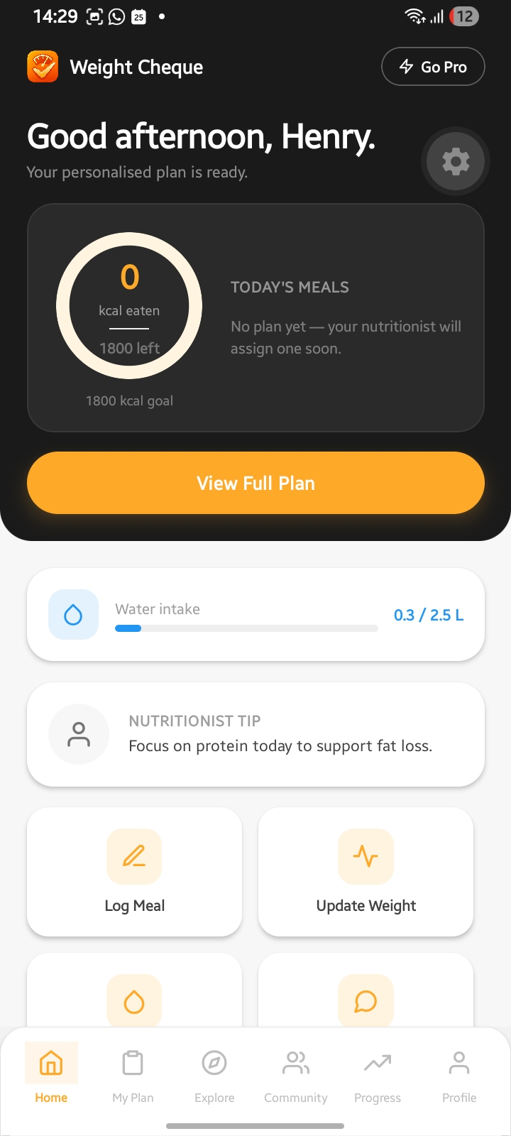 Weight Cheque app home screen showing meal plan and tracking